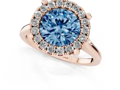 Fancy Blue Round Cut Diamond Cluster Halo Solitaire Ring Set in Rose gold with Prong Setting