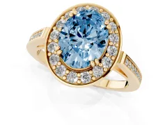 Fancy Blue Oval Cut Diamond Halo Ring Set in Yellow gold with Accent-Lined Split Shank and Prong Setting