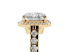 Radiant Cut Diamond Halo Engagement Ring Set in Yellow gold with Pavé Band and Prong-Set Center