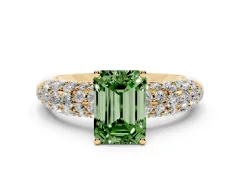 Fancy Green Emerald Cut Diamond Pavé Band Solitaire Ring Set in Yellow gold with Close-Set Accent Stones and Prong Setting