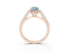 Fancy Blue Pear Cut Diamond Pavé Halo Engagement Ring Set in Rose gold with Pavé Band and Prong Setting