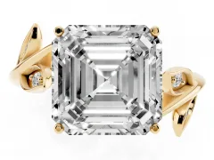 Asscher Cut Diamond Solitaire Twist Engagement Ring Set in Yellow gold with Pavé Leaf Accents
