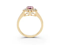 Fancy Pink Emerald Cut Diamond Halo Cluster Engagement Ring Set in Yellow gold with Solitaire Band and Prong Setting