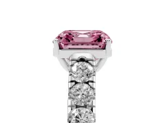 Fancy Pink Asscher Cut Diamond Solitaire Ring Set in Platinum with Cut-Down Micro Pavé Band and Prong Setting