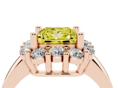 Fancy Yellow Princess Cut Diamond Halo Cluster Engagement Ring Set in Rose gold with Polished Band and Prong Setting