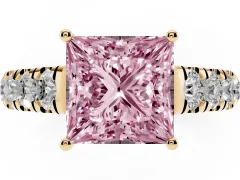 Fancy Pink Princess Cut Diamond Solitaire Ring Set in Yellow gold with Cut-Down Micro Pavé Band and Prong Setting