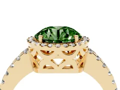 Fancy Green Round Cut Diamond Halo Ring Set in Yellow gold with Pavé Shoulders and Halo-Framed Center