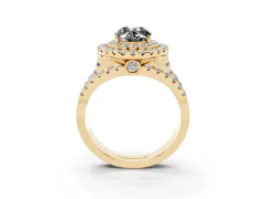 Fancy Black Oval Cut Diamond Double Halo Ring Set in Yellow gold with Round Pavé Split Shank