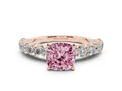 Fancy Pink Cushion Cut Diamond Solitaire Ring Set in Rose gold with Shared Prong Pavé Band