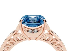 Fancy Blue Asscher Cut Diamond Halo Ring Set in Rose gold with Channel Set Band and Prong Setting