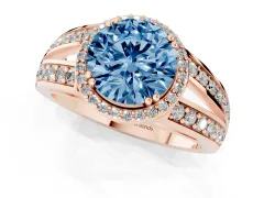 Fancy Blue Round Cut Diamond Halo Ring Set in Rose gold with Double Pavé Split Shank