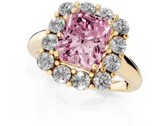 Fancy Pink Radiant Cut Diamond Halo Cluster Engagement Ring Set in Yellow gold with Polished Band and Prong Setting