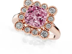Fancy Pink Cushion Cut Diamond Cluster Halo Ring Set in Rose gold with Milgrain Bezel Accents and Plain Band