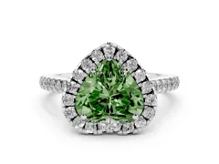 Fancy Green Heart Cut Diamond Pavé Halo Engagement Ring Set in White gold with Pavé Band and Prong Setting