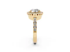 Round Cut Diamond Halo Ring Set in Yellow gold with Pavé Shank and Prong Setting