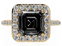Fancy Black Asscher Cut Diamond Halo Engagement Ring Set in Yellow gold with Round Pavé Shoulders and Heart Gallery