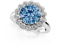 Fancy Blue Round Cut Diamond Halo Cluster Engagement Ring Set in White gold with Solitaire Band and Prong Setting