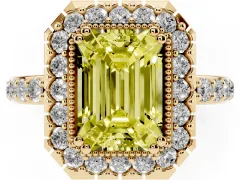 Fancy Yellow Emerald Cut Diamond Halo Ring Set in Yellow gold with Pavé Shank and Prong Setting