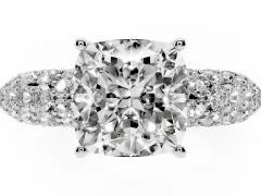 Cushion Cut Diamond Pavé Band Solitaire Ring Set in White gold with Close-Set Accent Stones and Prong Setting