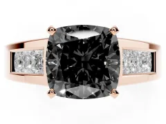 Fancy Black Cushion Cut Diamond Solitaire Ring Set in Rose gold with Channel-Set Accent Stones and Prong Setting