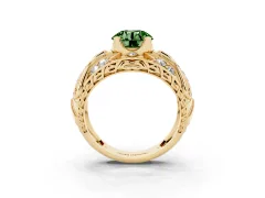 Fancy Green Round Cut Diamond Art Deco Ring Set in Yellow gold with Pavé Split Shank