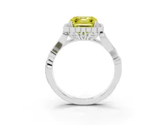 Fancy Yellow Asscher Cut Diamond Halo Ring Set in Silver with Leaf Motif Split Shank and Prong Setting