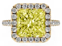 Fancy Yellow Princess Cut Diamond Halo Pavé Engagement Ring Set in Yellow gold with Prong Setting