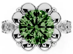Fancy Green Round Cut Diamond Floral Halo Ring Set in White gold with Shared Prong Band