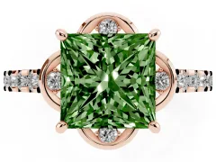 Fancy Green Princess Cut Diamond Solitaire Ring Set in Rose gold with Pavé Band and Floral Prong Setting