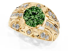Fancy Green Round Cut Diamond Art Deco Ring Set in Yellow gold with Pavé Split Shank