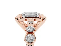 Emerald Cut Diamond Floral Halo Ring Set in Rose gold with Shared Prong Band