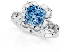 Fancy Blue Cushion Cut Diamond Floral Halo Ring Set in Silver with Shared Prong Band