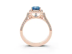 Fancy Blue Radiant Cut Diamond Halo Ring Set in Rose gold with Pavé-Lined Split Shank Band