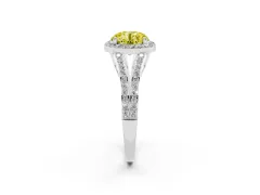 Fancy Yellow Round Cut Diamond Halo Split Shank Ring Set in White gold with Accent Stones and Prong Setting