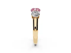 Fancy Pink Cushion Cut Diamond Three-Stone Ring Set in Yellow gold with Plain Polished Band