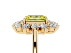 Fancy Yellow Emerald Cut Diamond Floral Double Halo Ring Set in Yellow gold with Round Petals