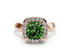 Fancy Green Cushion Cut Diamond Halo Solitaire Engagement Ring Set in Rose gold with Square Band and Prong Setting