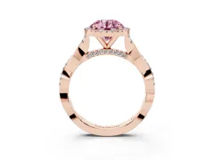 Fancy Pink Round Cut Diamond Halo Twist Band Solitaire Ring Set in Rose gold with Prong Setting