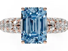Fancy Blue Emerald Cut Diamond Pavé Band Solitaire Ring Set in Rose gold with Close-Set Accent Stones and Prong Setting