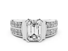 Emerald Cut Diamond Wide Channel Set Band Ring Set in White gold with Bezel Setting
