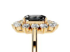 Fancy Black Emerald Cut Diamond Floral Double Halo Ring Set in Yellow gold with Round Petals