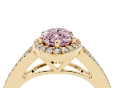 Fancy Pink Marquise Cut Diamond Halo Split Shank Pavé Ring Set in Yellow gold with Prong Setting