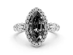 Fancy Black Marquise Cut Diamond Halo Ring Set in Platinum with Filigree Leaf Band and Prong Setting