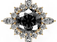 Fancy Black Round Cut Diamond Cluster Halo Ring Set in Yellow gold with Marquise and Round Accents
