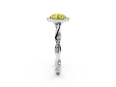 Fancy Yellow Round Cut Diamond Halo Twist Band Solitaire Ring Set in White gold with Prong Setting