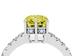 Fancy Yellow Radiant Cut Diamond Solitaire Engagement Ring Set in White gold with Pavé Band and Prong Setting