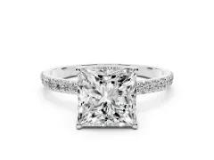 Princess Cut Diamond Solitaire Engagement Ring Set in White gold with Round Pavé Band and Prong Setting