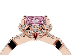 Fancy Pink Princess Cut Diamond Halo Twist Band Solitaire Ring Set in Rose gold with Prong-Set Center Stone