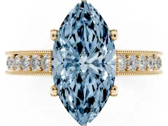 Fancy Blue Marquise Cut Diamond Solitaire Ring Set in Yellow gold with Milgrain-Edged Pavé Band and Prong Setting
