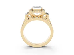 Asscher Cut Diamond Halo Split Shank Ring Set in Yellow gold with Round Accent Stones and Prong Setting